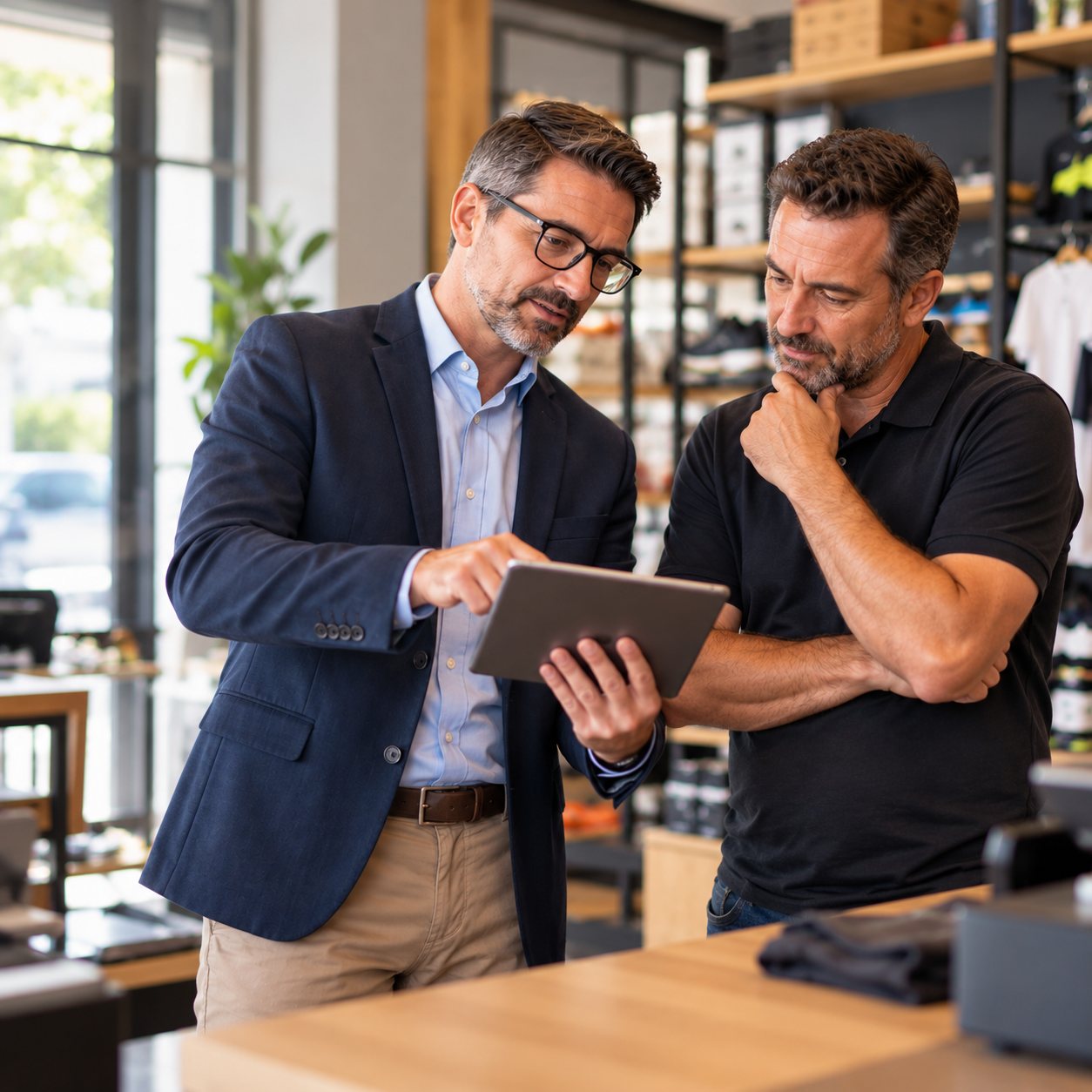 Consultor analisando indicadores no tablet com o dono de uma loja